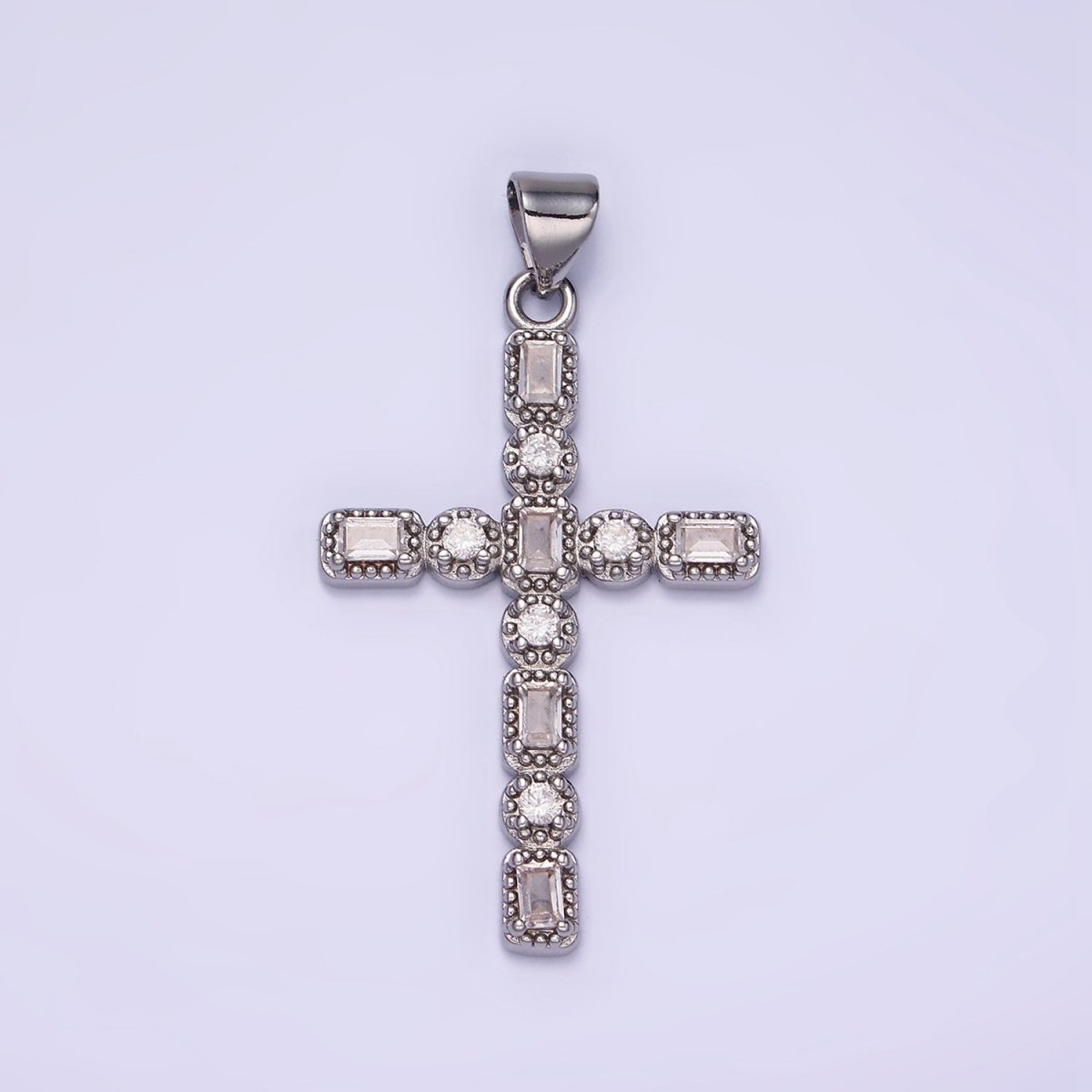 14K Gold Filled CZ Baguette Round Dotted Bezel Latin Religious Cross Pendant in Gold & Silver | AA1205 - DLUXCA
