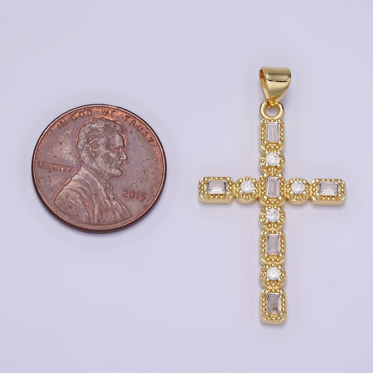 14K Gold Filled CZ Baguette Round Dotted Bezel Latin Religious Cross Pendant in Gold & Silver | AA1205 - DLUXCA