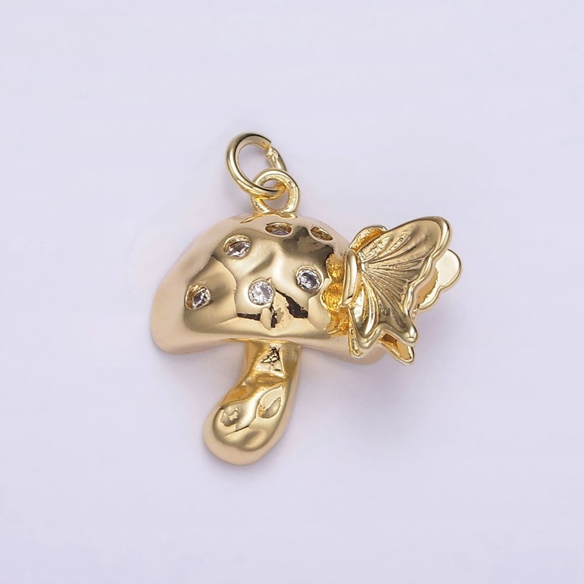 14K Gold Filled CZ Dotted Hammered Mushroom Butterfly Charm | AG416 - DLUXCA