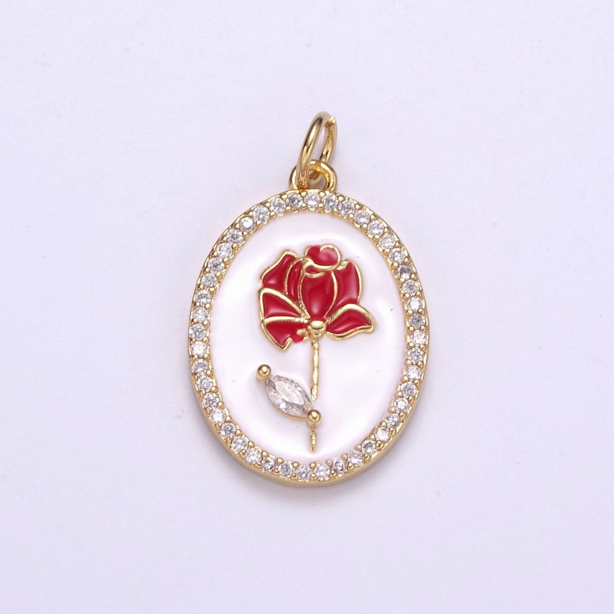 14k Gold Filled CZ Enamel Rose Flower Oval Pendant Dainty Floral Charm N-226 - N-229 - DLUXCA