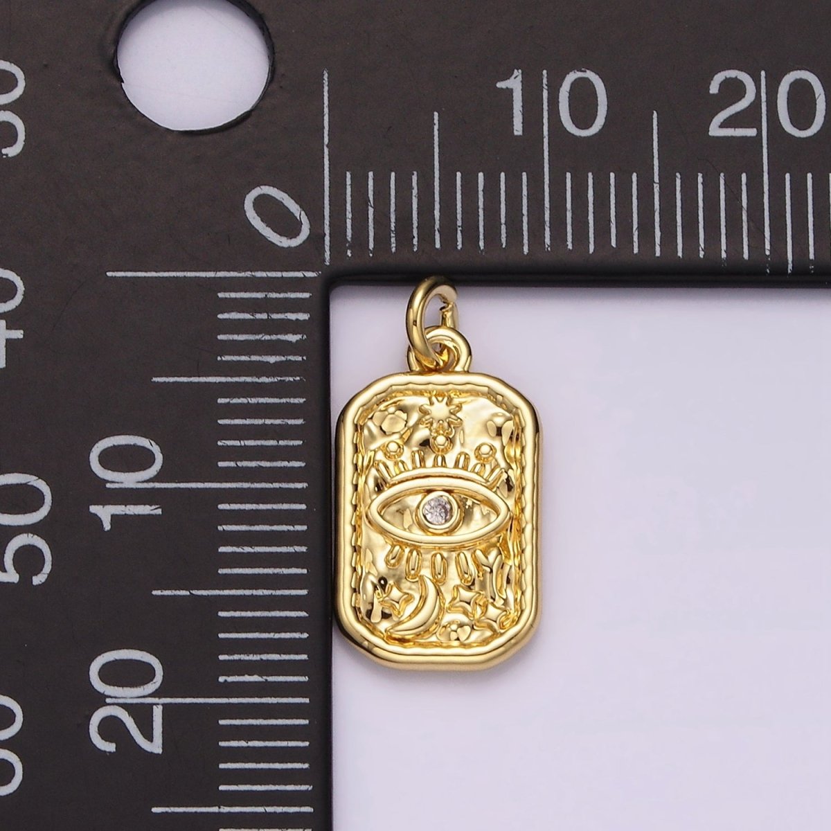 14K Gold Filled CZ Evil Eye Celestial Sun Moon Stars Hammered Rectangular Charm | AC781 - DLUXCA