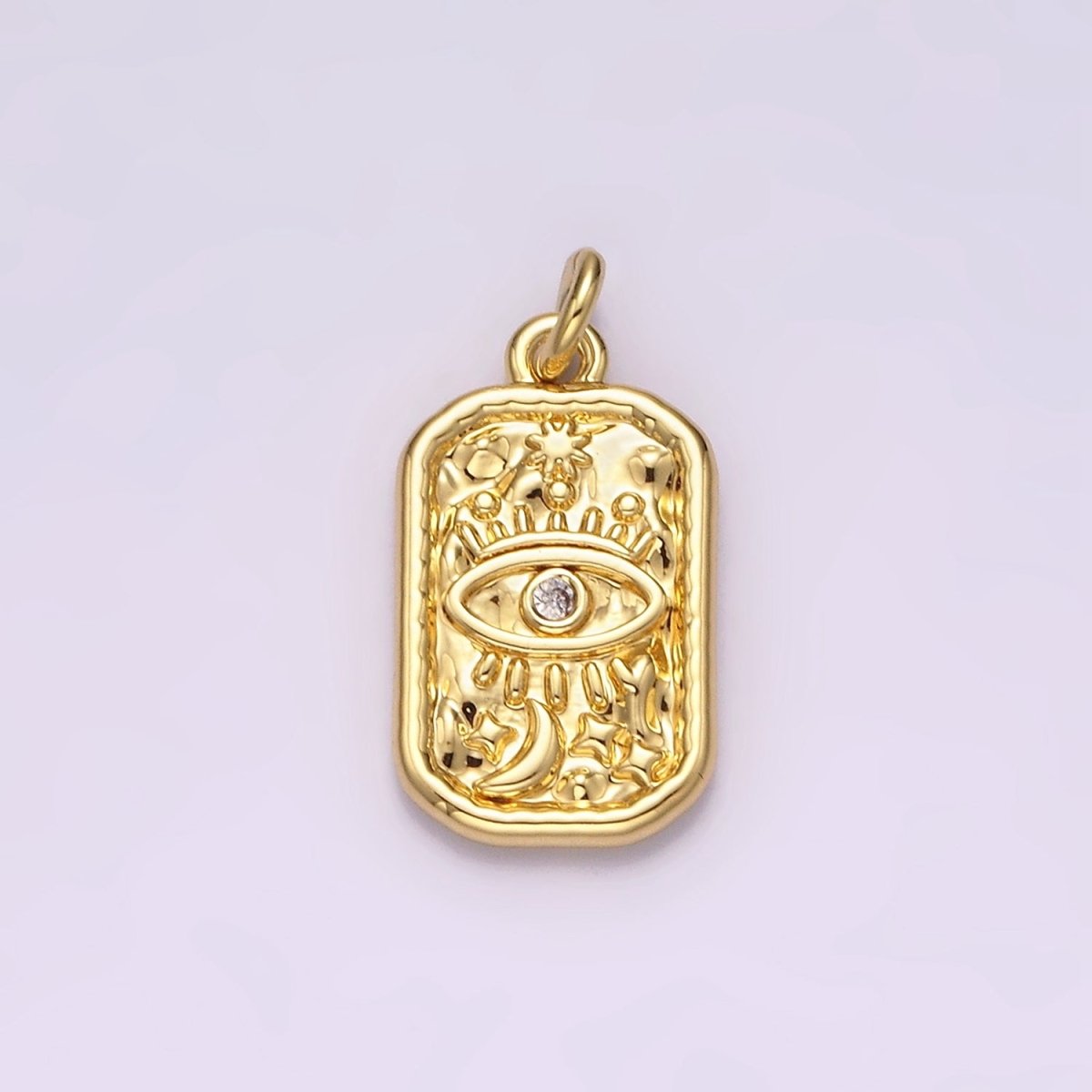 14K Gold Filled CZ Evil Eye Celestial Sun Moon Stars Hammered Rectangular Charm | AC781 - DLUXCA