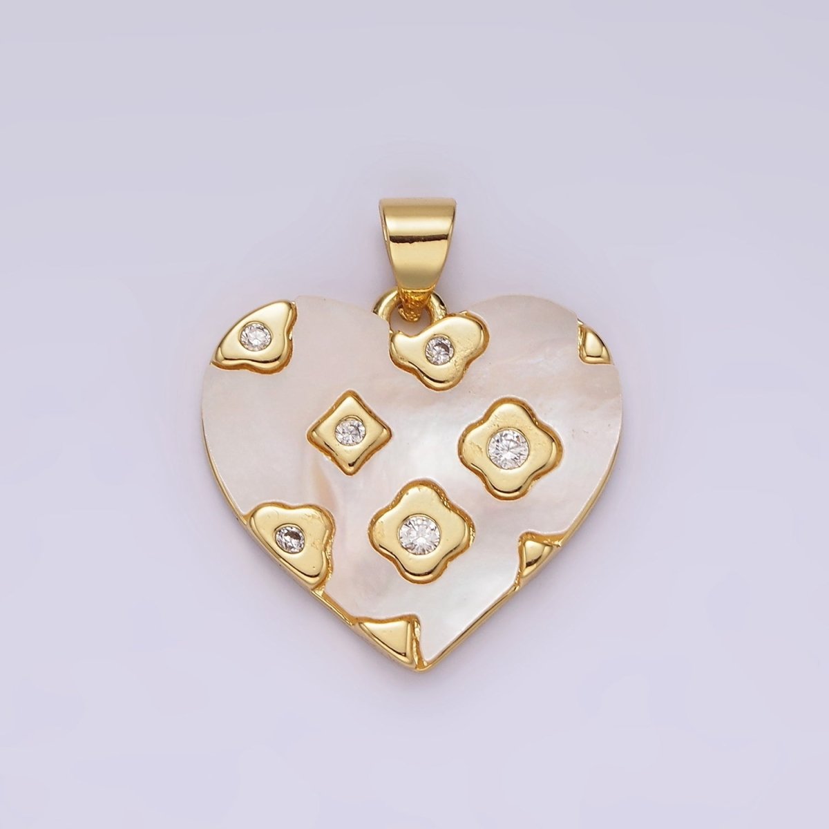 14K Gold Filled CZ Geometric Dotted Shell Pearl Heart Pendant | AH130 - DLUXCA