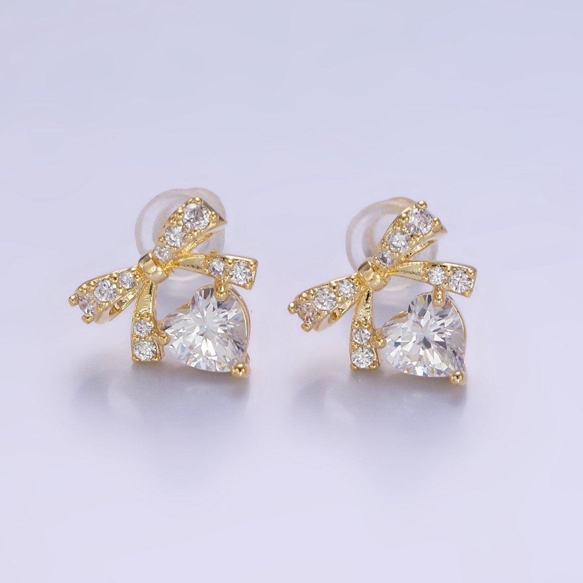 14K Gold Filled CZ Heart Ribbon Bow Stud Earrings in Gold & Silver | V500 V501 - DLUXCA