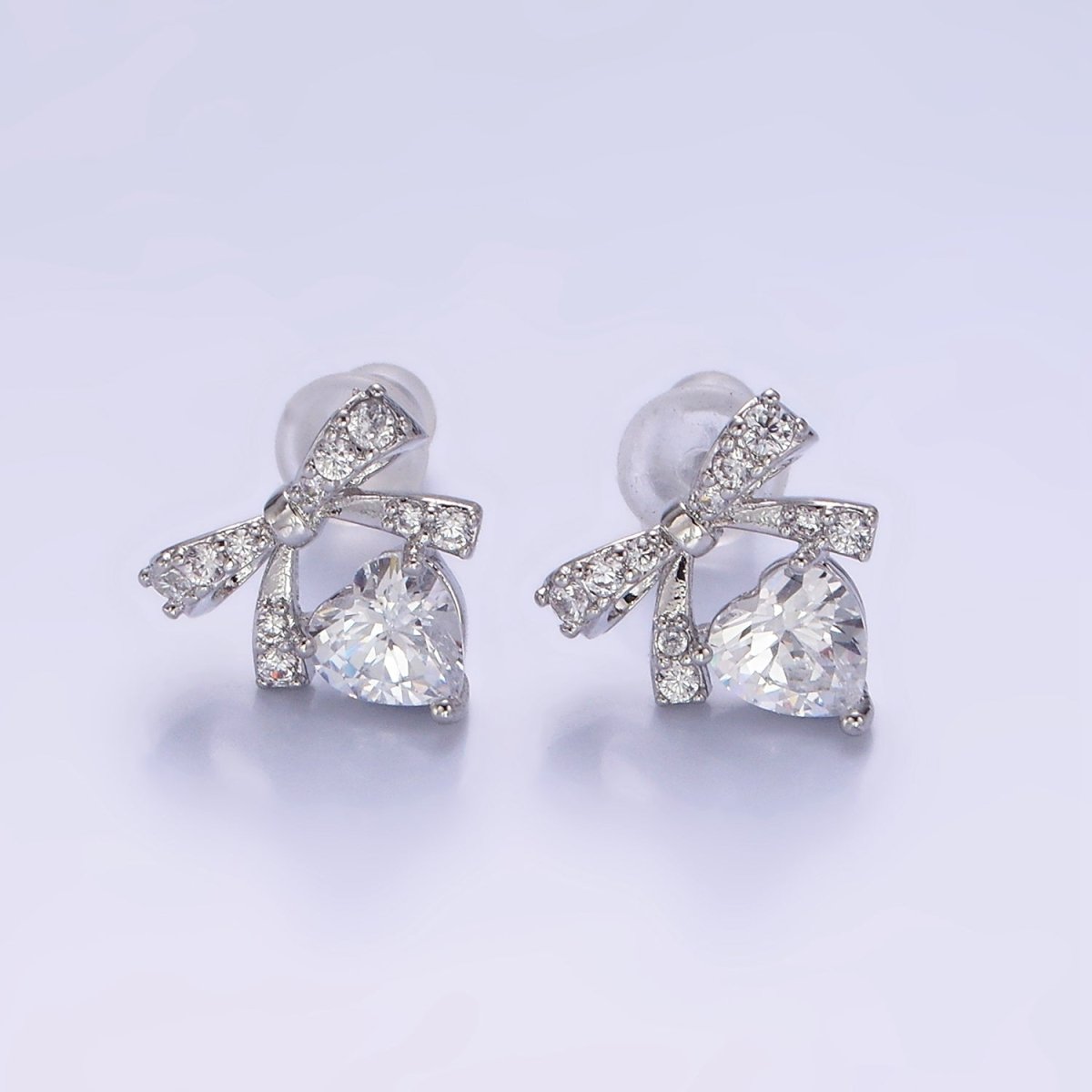 14K Gold Filled CZ Heart Ribbon Bow Stud Earrings in Gold & Silver | V500 V501 - DLUXCA