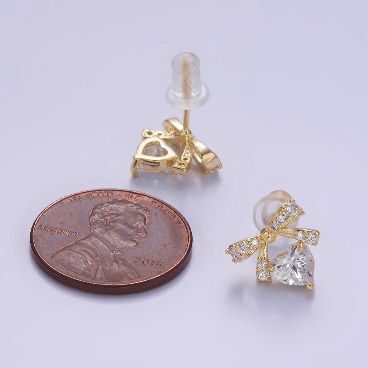 14K Gold Filled CZ Heart Ribbon Bow Stud Earrings in Gold & Silver | V500 V501 - DLUXCA