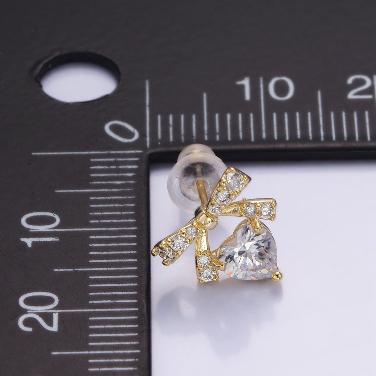 14K Gold Filled CZ Heart Ribbon Bow Stud Earrings in Gold & Silver | V500 V501 - DLUXCA