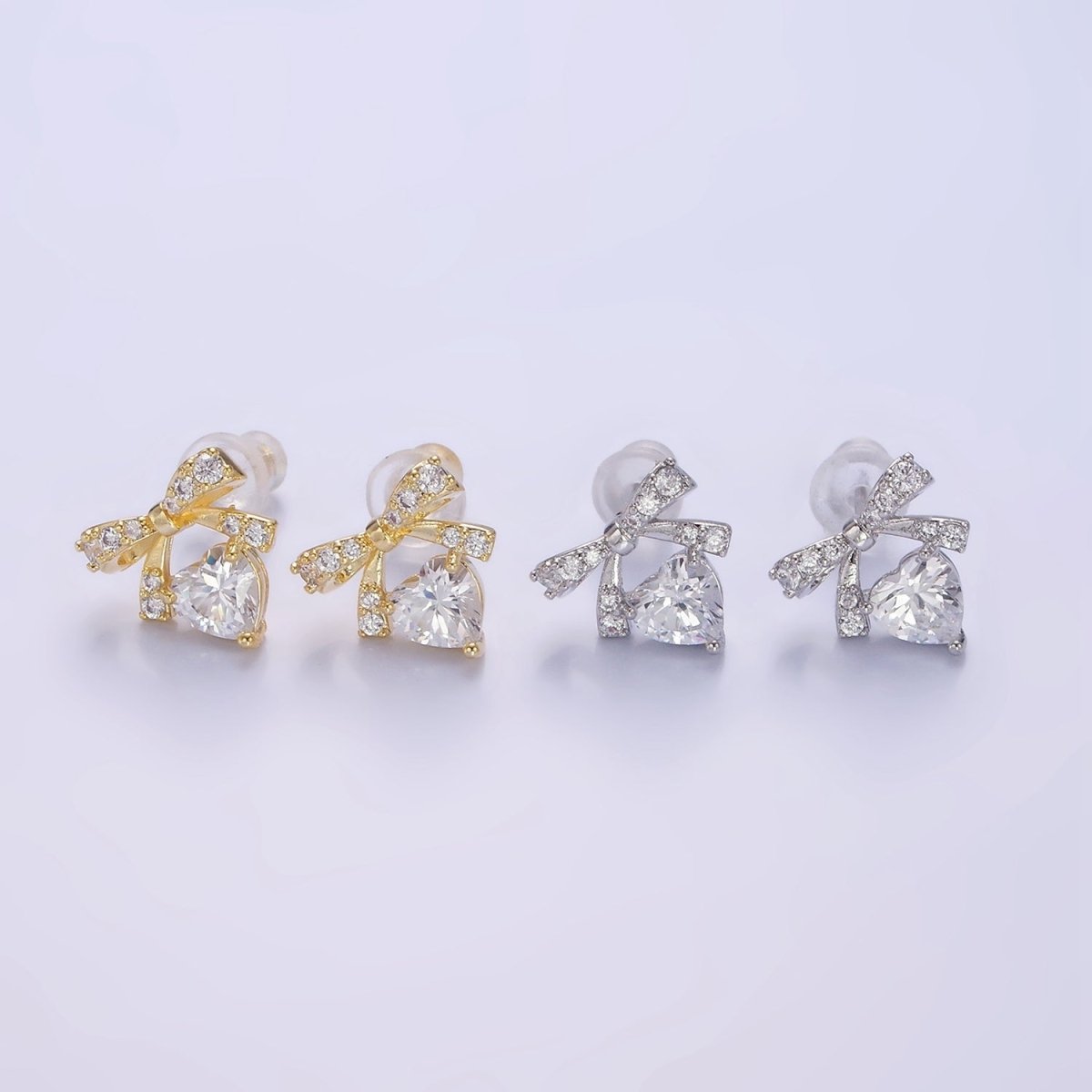 14K Gold Filled CZ Heart Ribbon Bow Stud Earrings in Gold & Silver | V500 V501 - DLUXCA