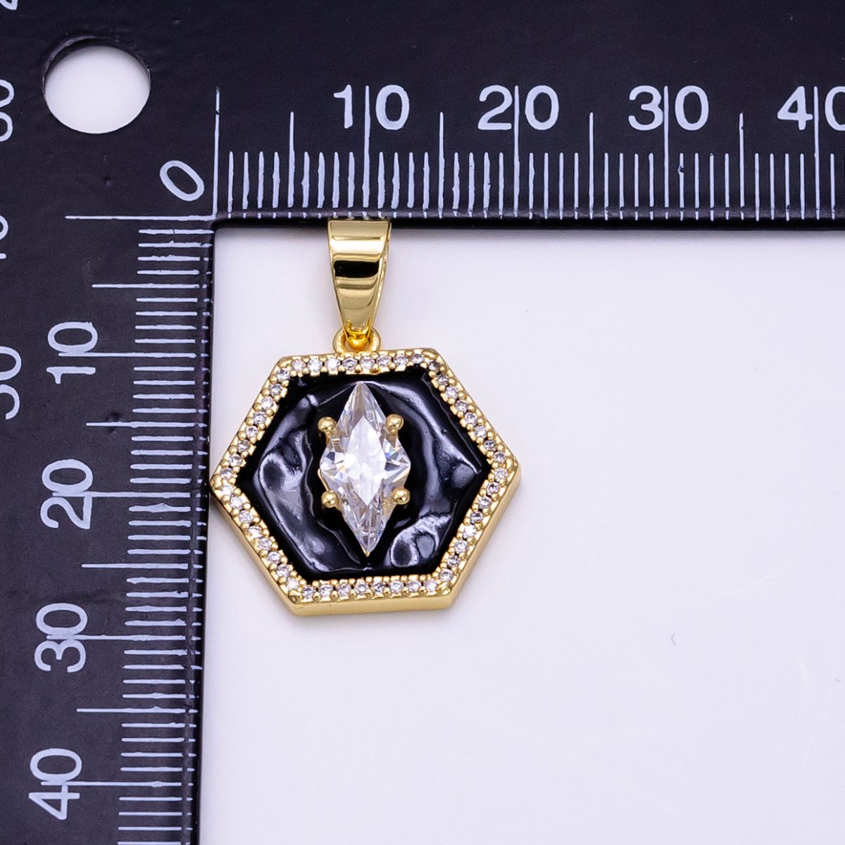 14K Gold Filled CZ Marquise Black Enamel Hexagon Pendant | AA1267 - DLUXCA