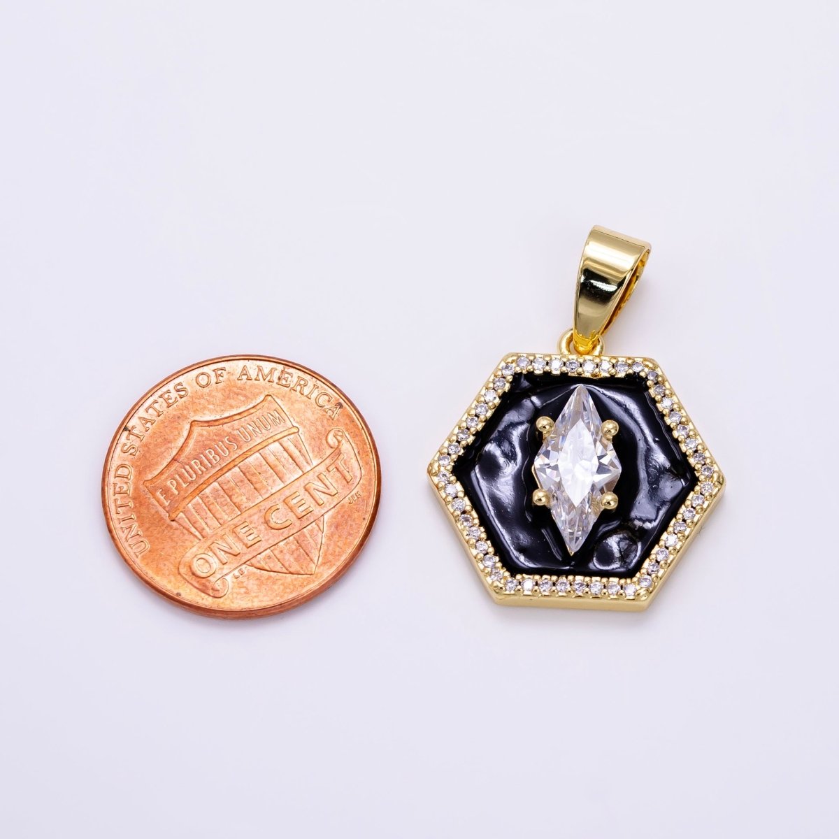 14K Gold Filled CZ Marquise Black Enamel Hexagon Pendant | AA1267 - DLUXCA