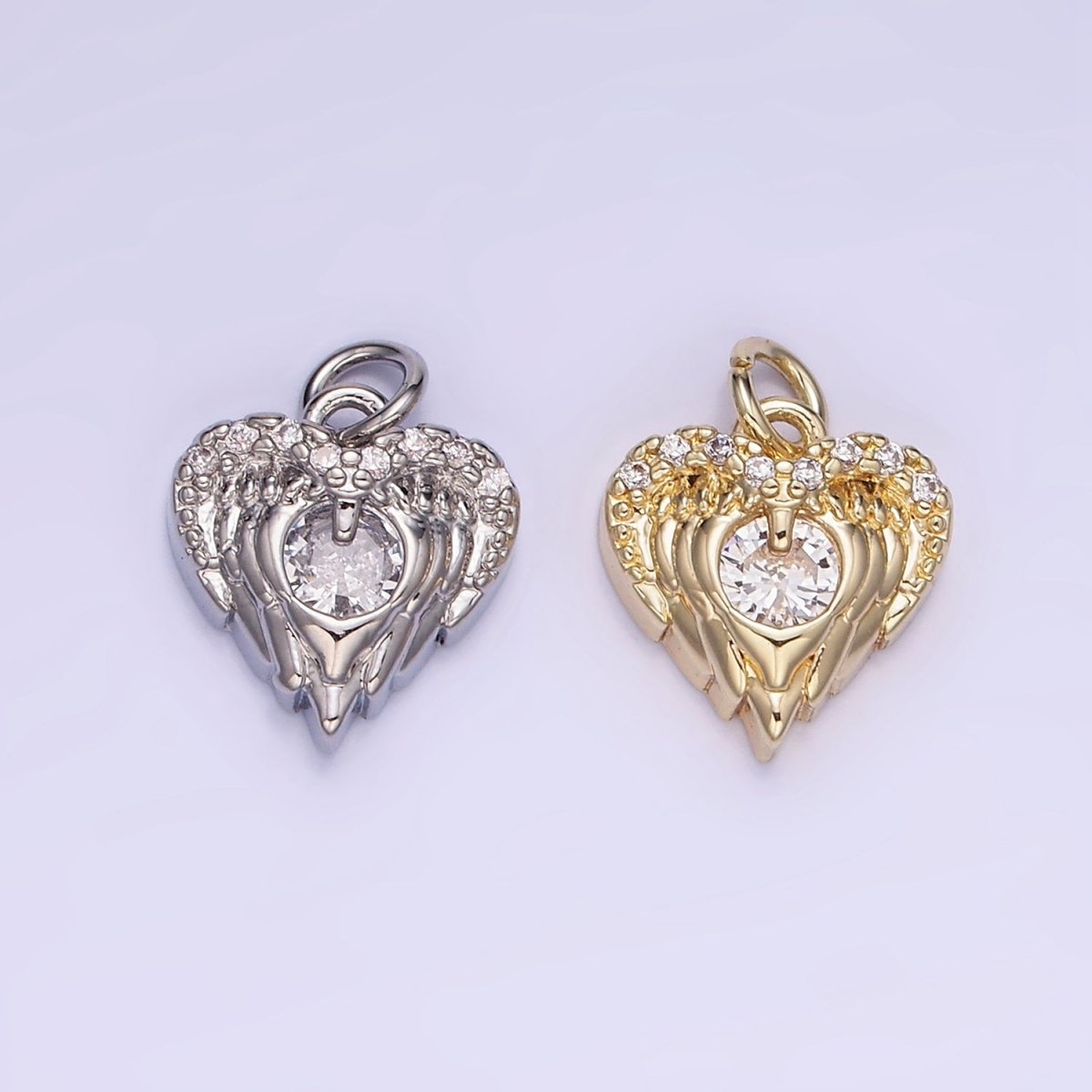 14K Gold Filled CZ Micro Paved Angel Wings Heart Charm in Gold & Silver | W536 - DLUXCA
