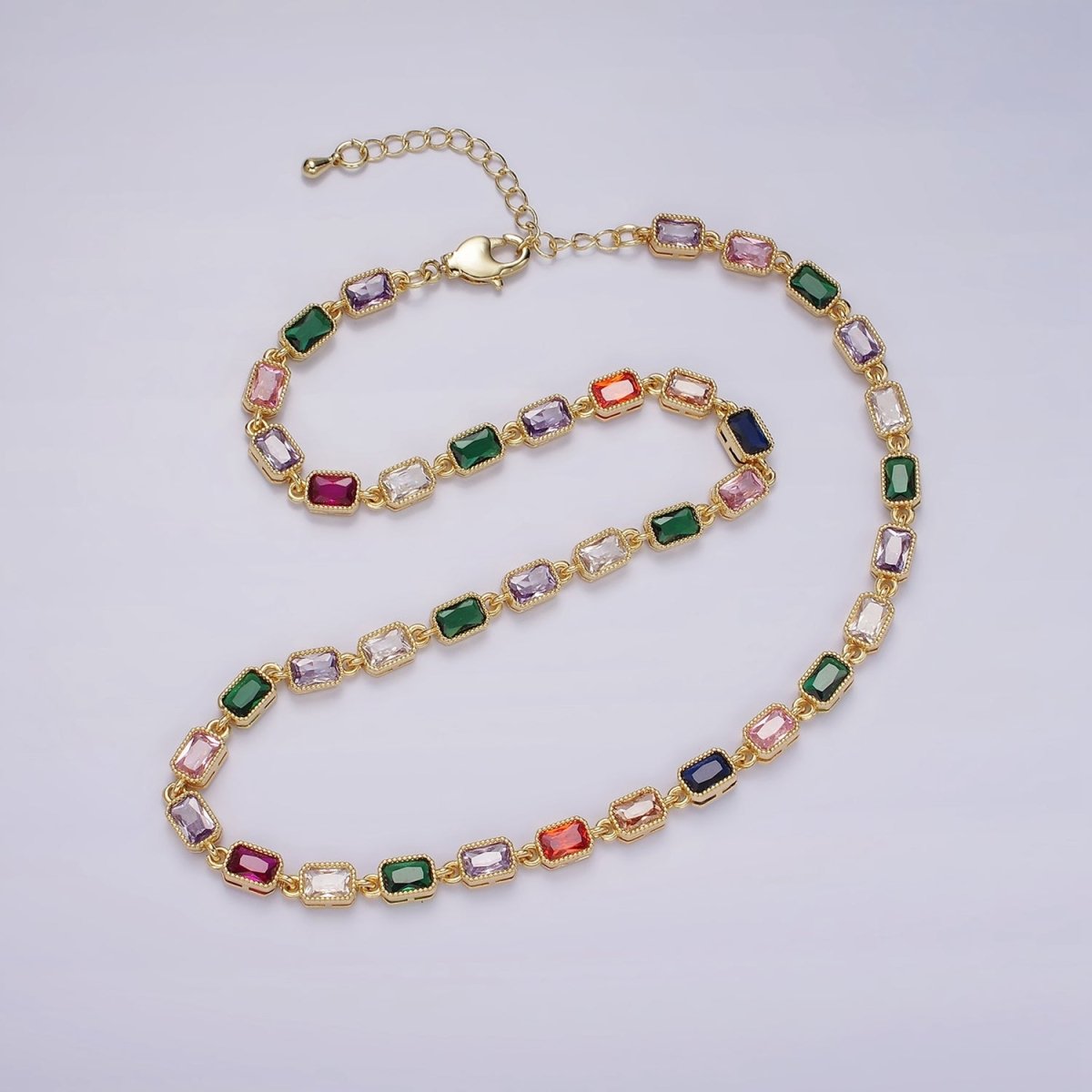 14K Gold Filled CZ Multicolor Baguette Bezel 16 Inch Necklace in Gold & Silver | WA-2248 WA-2249 Clearance Pricing - DLUXCA