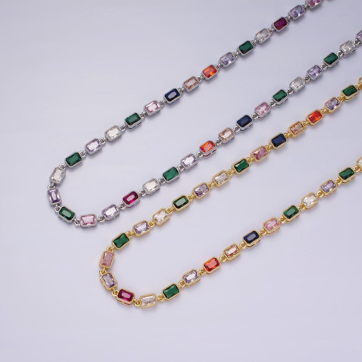 14K Gold Filled CZ Multicolor Baguette Bezel 16 Inch Necklace in Gold & Silver | WA-2248 WA-2249 Clearance Pricing - DLUXCA