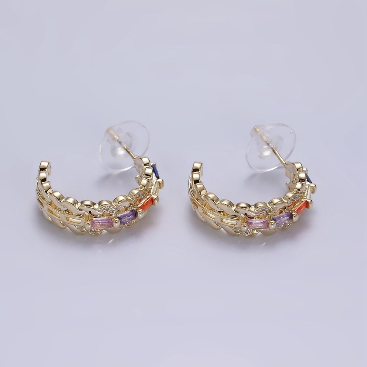 14K Gold Filled CZ Multicolor Baguette Micro Paved Triple Band C-Shaped Hoop Earrings in Gold & Silver | AE303 AE304 - DLUXCA