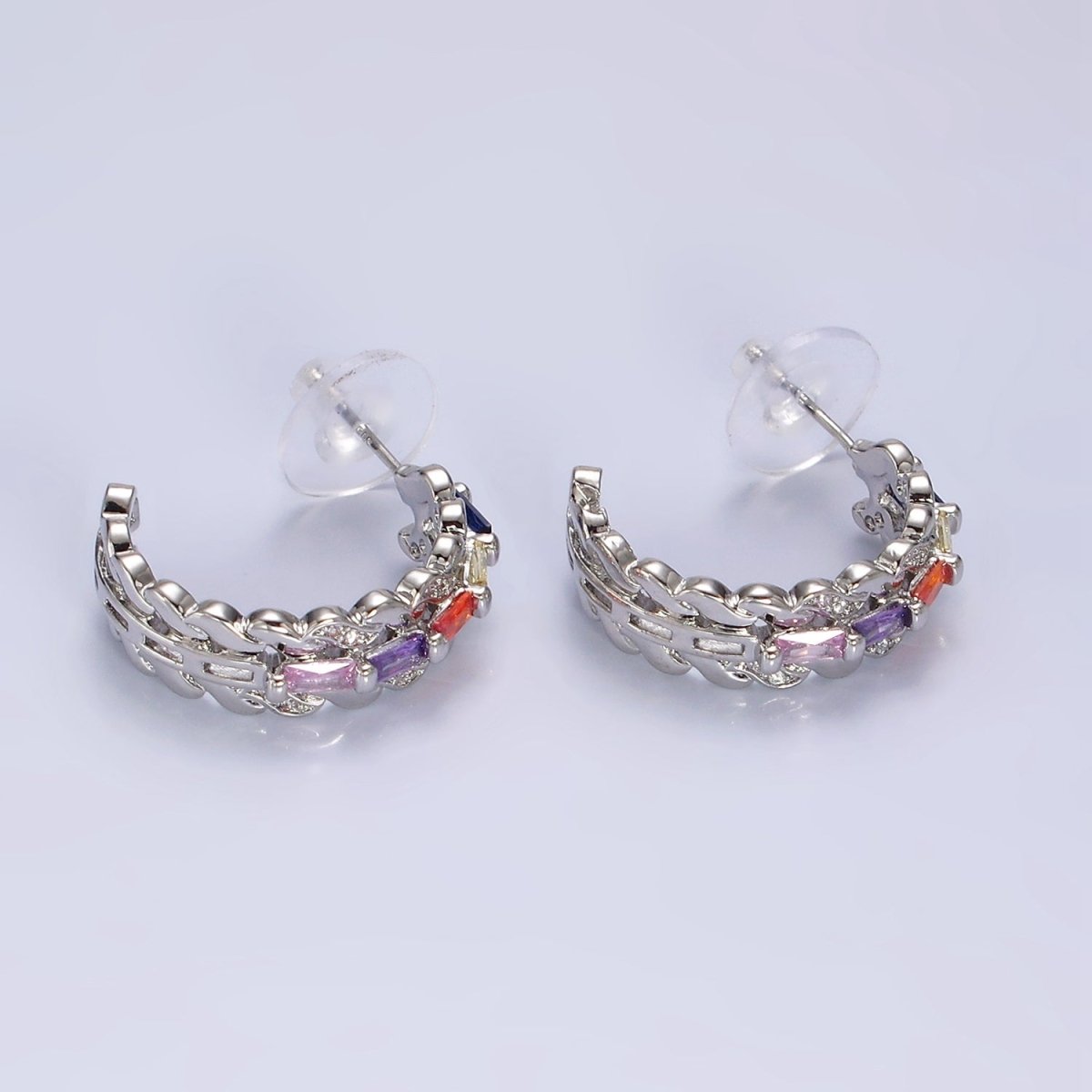 14K Gold Filled CZ Multicolor Baguette Micro Paved Triple Band C-Shaped Hoop Earrings in Gold & Silver | AE303 AE304 - DLUXCA