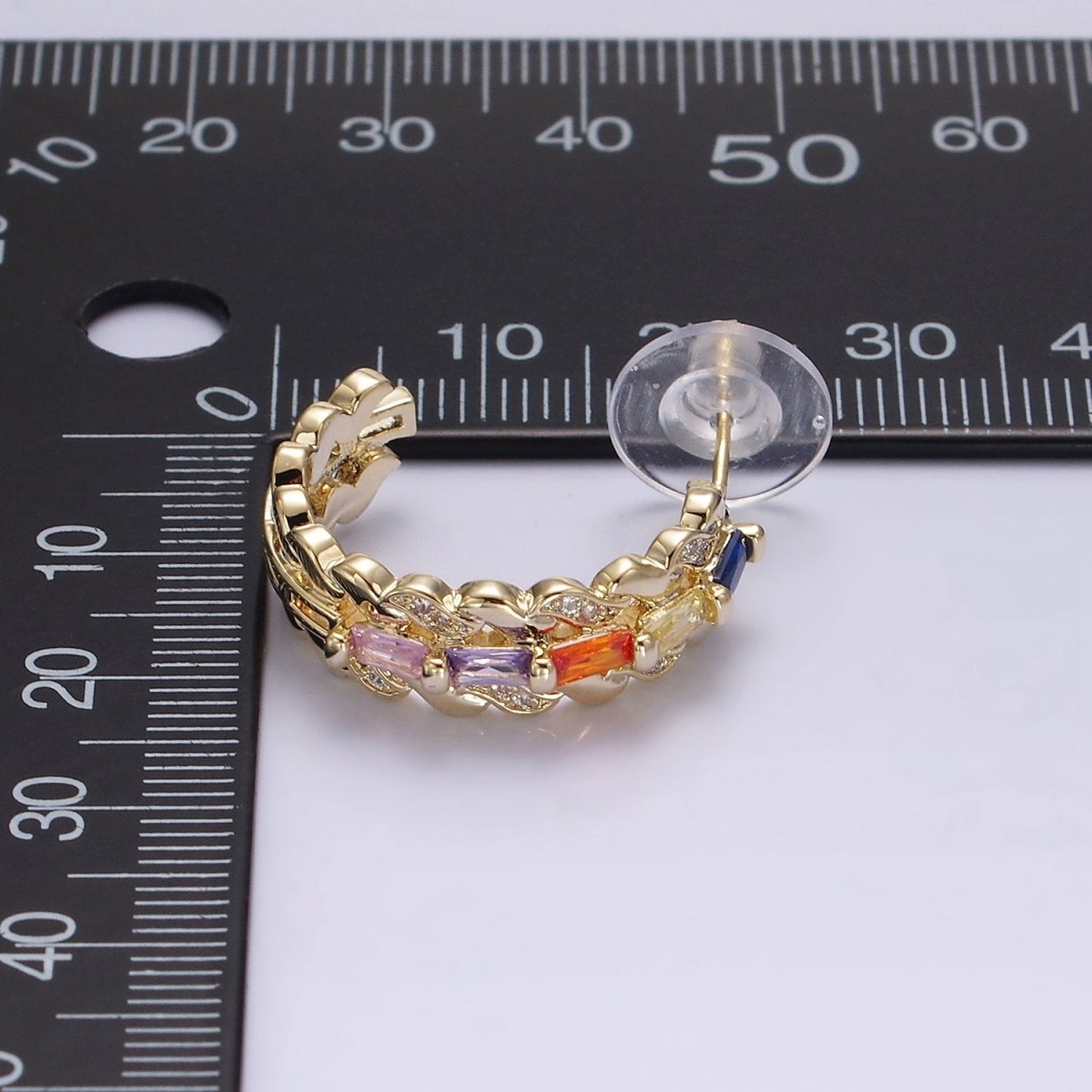 14K Gold Filled CZ Multicolor Baguette Micro Paved Triple Band C-Shaped Hoop Earrings in Gold & Silver | AE303 AE304 - DLUXCA