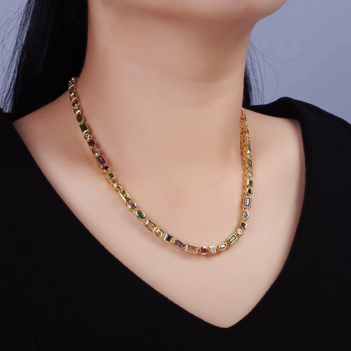 14K Gold Filled CZ Multicolor Geometric 16 Inch Choker Designed Necklace in Gold Silver WA 2250 WA 2251 Clearance Pricing DLUXCA