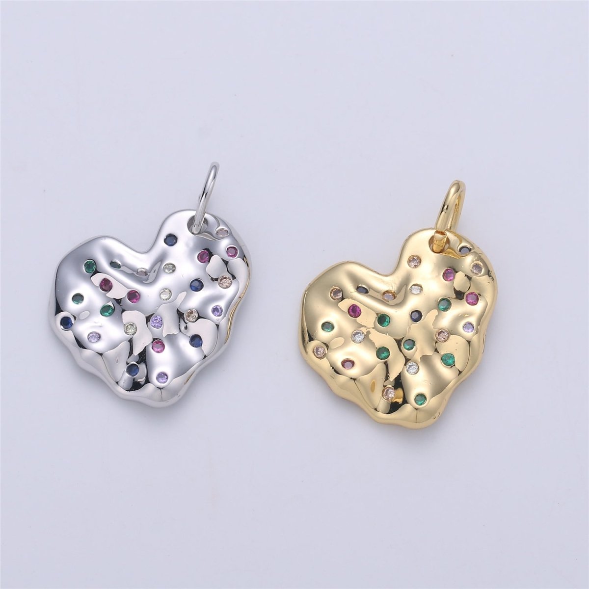 14K Gold Filled CZ Multicolor Hammered Heart Charm in Gold & Silver | C916 E793 - DLUXCA