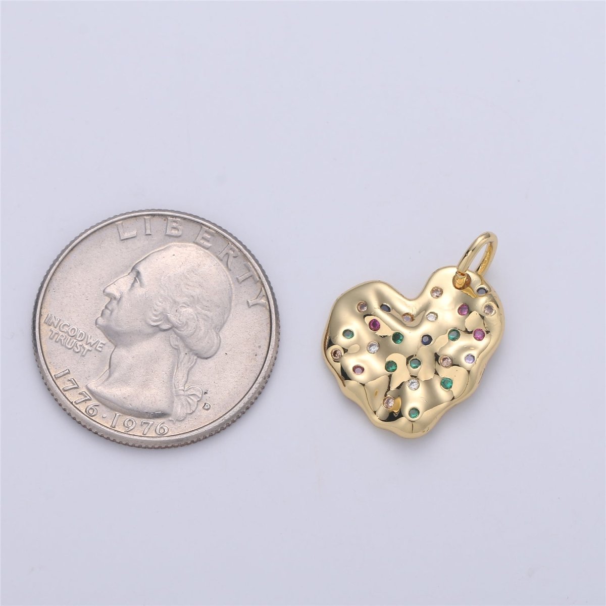 14K Gold Filled CZ Multicolor Hammered Heart Charm in Gold & Silver | C916 E793 - DLUXCA
