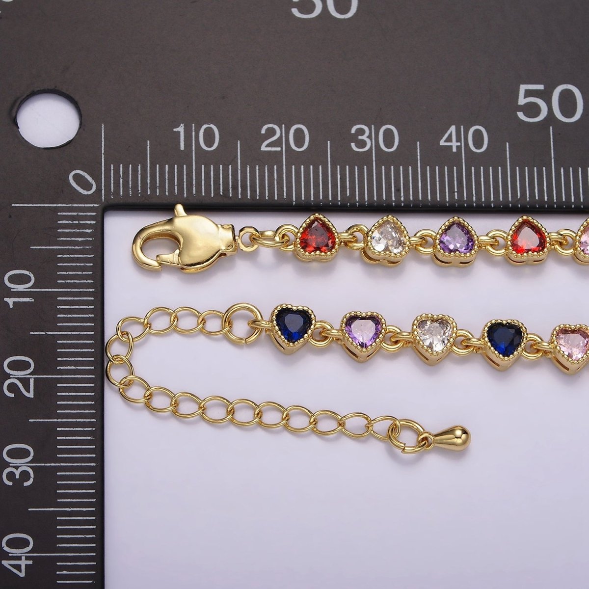 14K Gold Filled CZ Multicolor Heart Bezel 7 Inch Bracelet in Gold & Silver | WA-2230 WA-2231 Clearance Pricing - DLUXCA