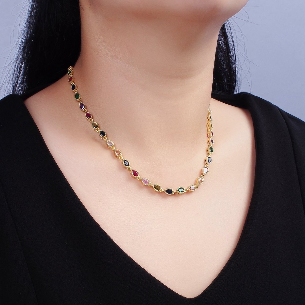 14K Gold Filled CZ Multicolor Teardrop Bezel 15 Inch Necklace in Gold & Silver | WA-2242 WA-2243 Clearance Pricing - DLUXCA