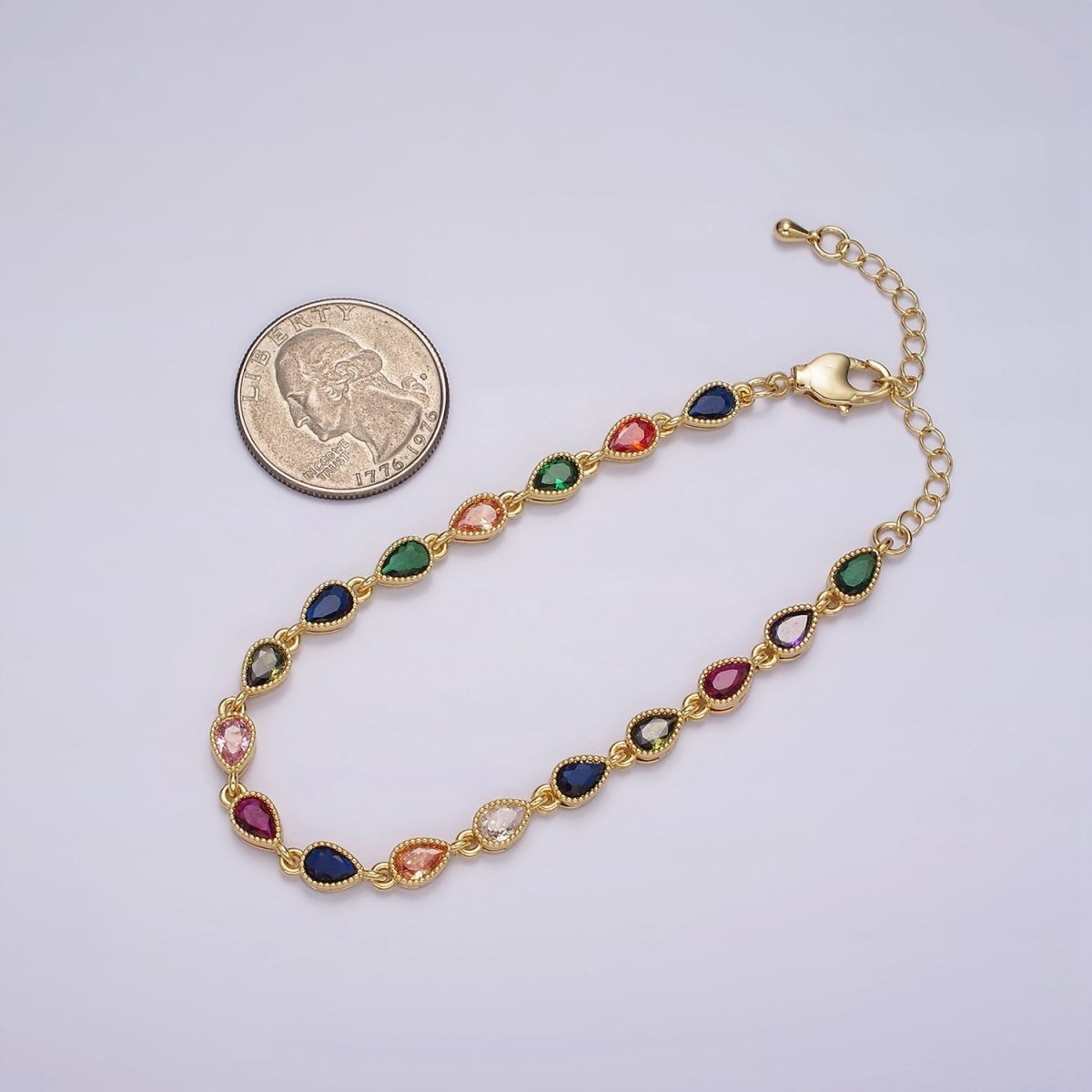 14K Gold Filled CZ Multicolor Teardrop Bezel 7 Inch Bracelet in Gold & Silver | WA-2236 WA-2237 Clearance Pricing - DLUXCA
