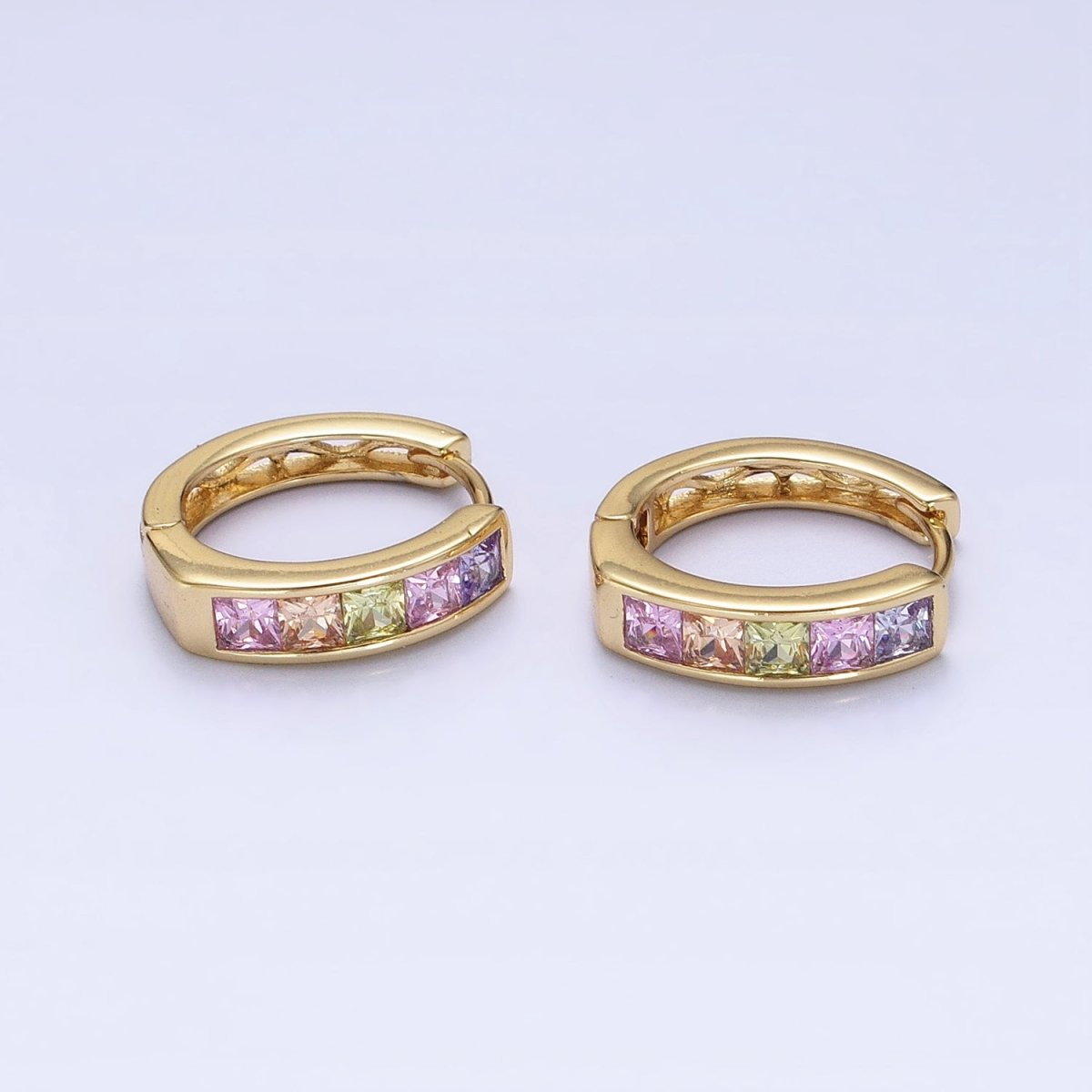 14K Gold Filled CZ Pastel Multicolor Square Checkered Oblong Huggie Earrings | AD1435 - DLUXCA