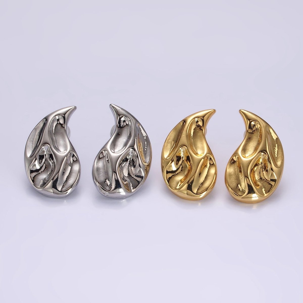 14K Gold Filled Dented Molten Fire Curved Teardrop Set Stud Earrings in Gold & Silver | AE-108 AE-109 - DLUXCA