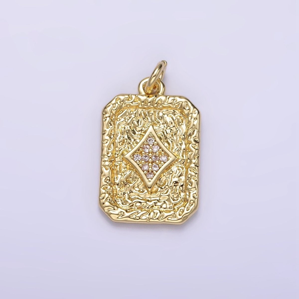 14K Gold Filled Diamonds Card Micro Paved CZ Hammered Rectangular Tag Charm | AG304 - DLUXCA