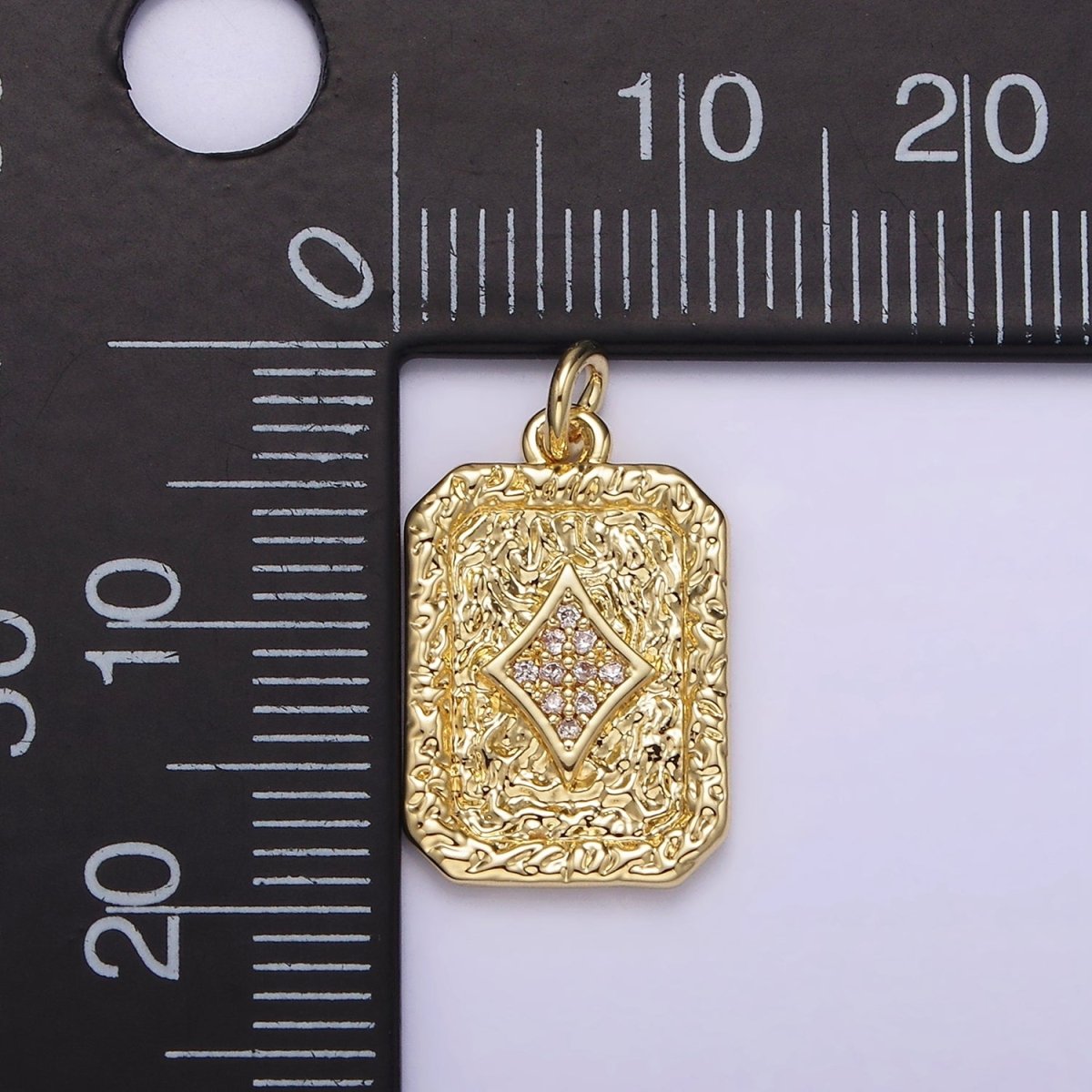 14K Gold Filled Diamonds Card Micro Paved CZ Hammered Rectangular Tag Charm | AG304 - DLUXCA