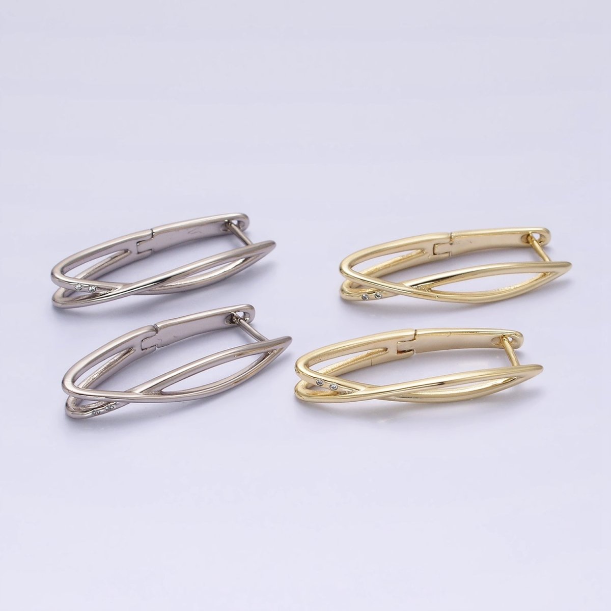 14K Gold Filled Double Band X Geometric Oblong English Lock Earrings in Gold & Silver | Y-900 Y-901 - DLUXCA