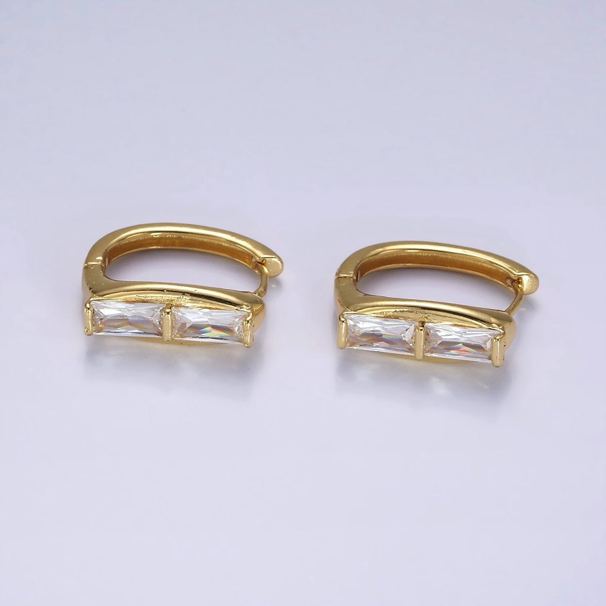 14K Gold Filled Double Clear Baguette Lined 20mm Huggie Earrings | AE917 - DLUXCA