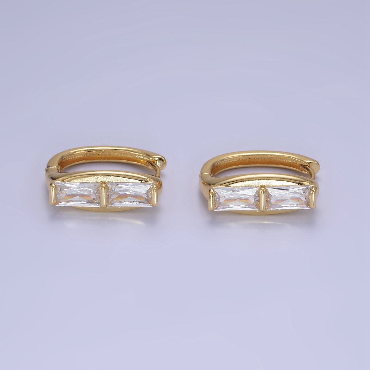 14K Gold Filled Double Clear CZ Baguette Lined 20mm Huggie Earrings | AE519 - DLUXCA