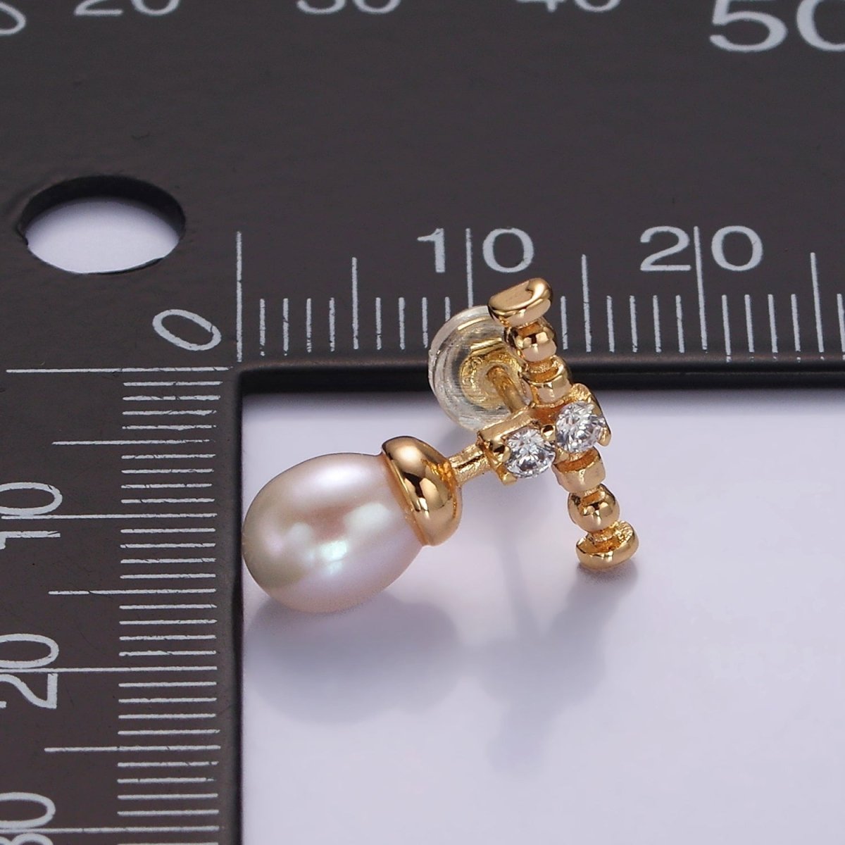 14K Gold Filled Double Clear CZ Bubble Rhondelle Lined Pearl Button Drop Stud Earrings | AE925 - DLUXCA
