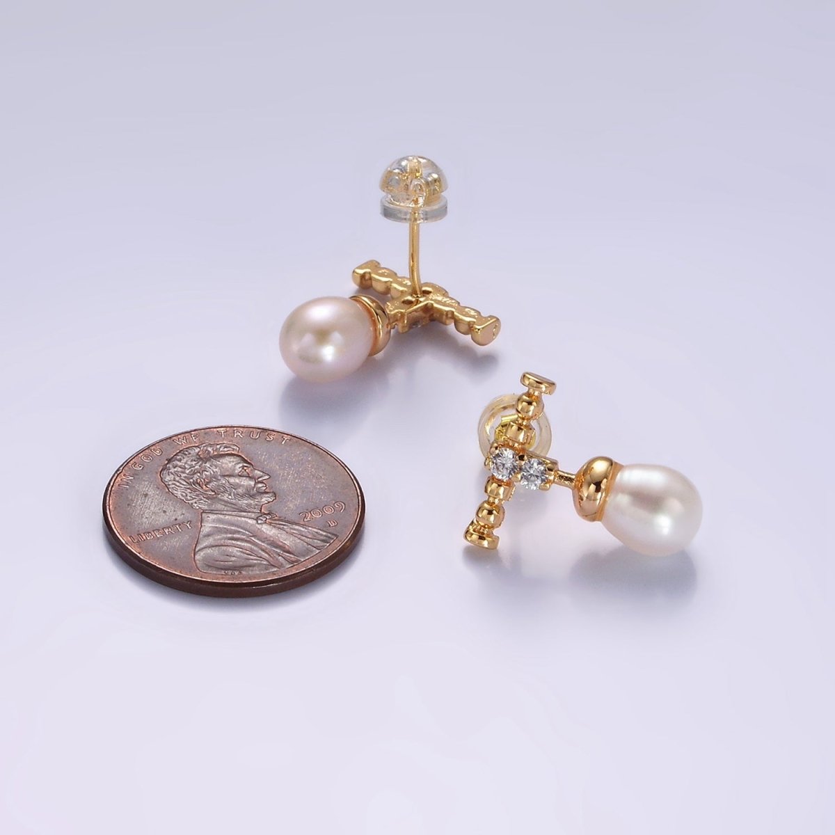 14K Gold Filled Double Clear CZ Bubble Rhondelle Lined Pearl Button Drop Stud Earrings | AE925 - DLUXCA