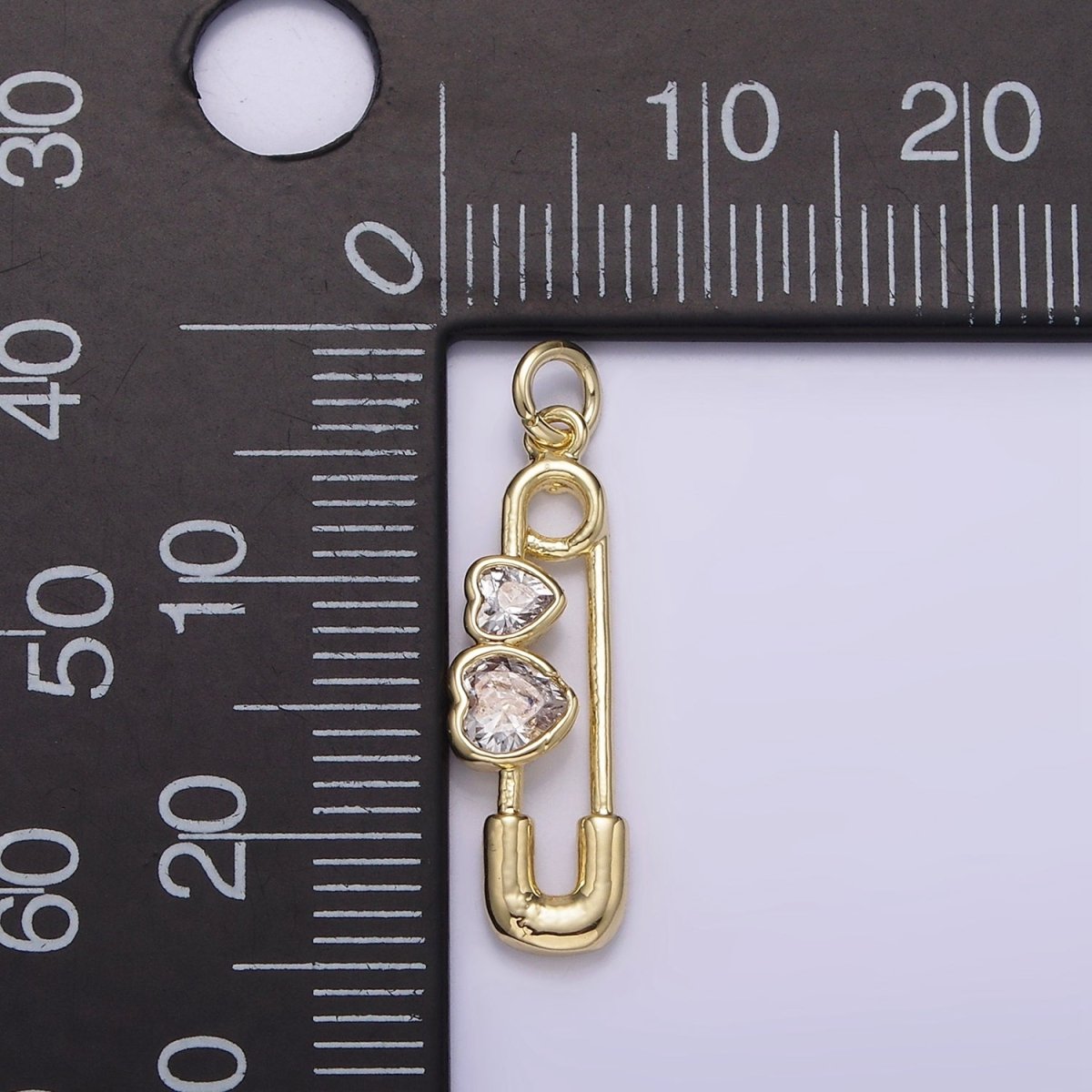 14K Gold Filled Double Clear CZ Heart Safety Baby Pin Charm | AG229 - DLUXCA