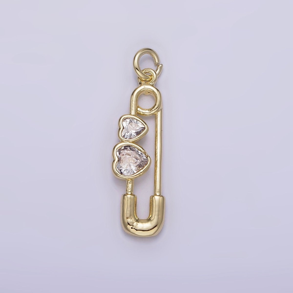 14K Gold Filled Double Clear CZ Heart Safety Baby Pin Charm | AG229 - DLUXCA