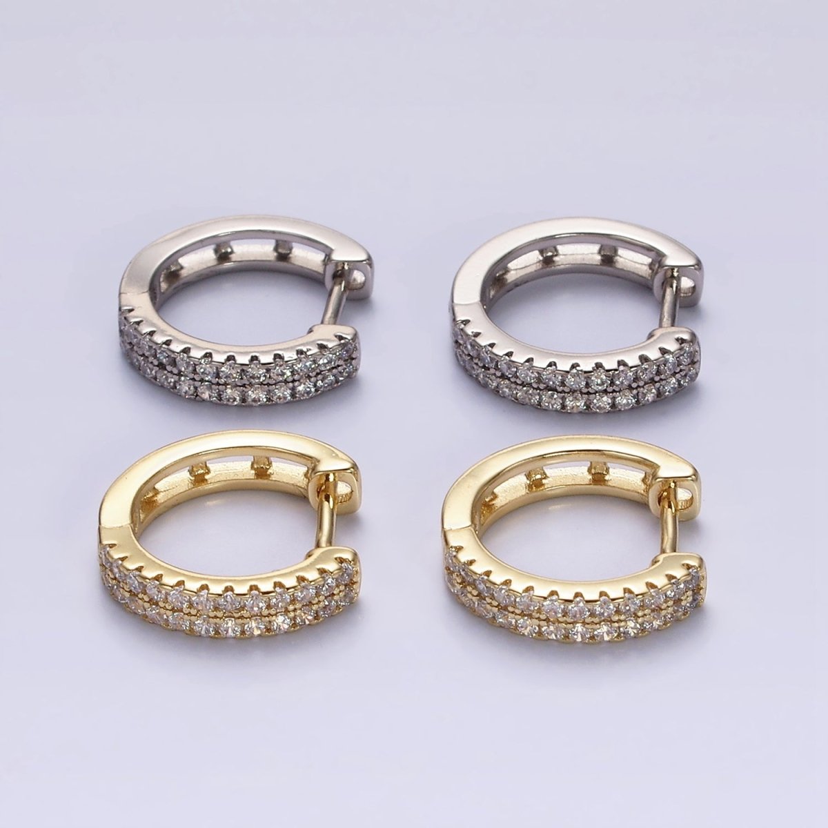 14K Gold Filled Double Clear Micro Paved Open 15mm Huggie Hoop Earrings in Gold & Silver | AE585 AE586 - DLUXCA