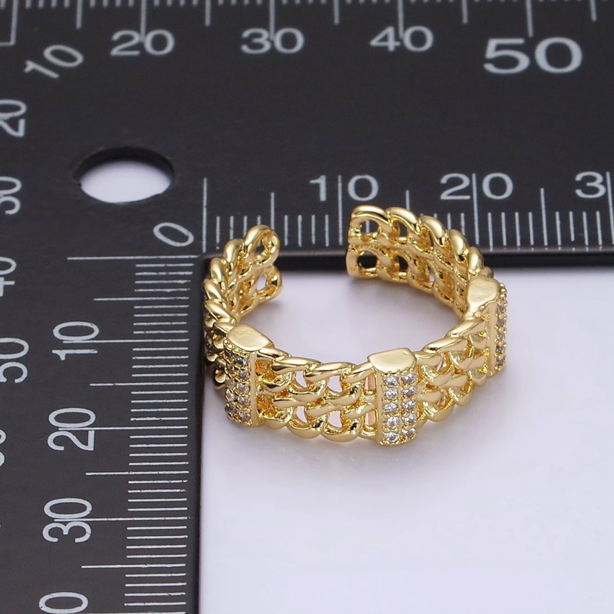 14K Gold Filled Double Curb Chain Link Micro Paved Bar Ring | O1051 - DLUXCA