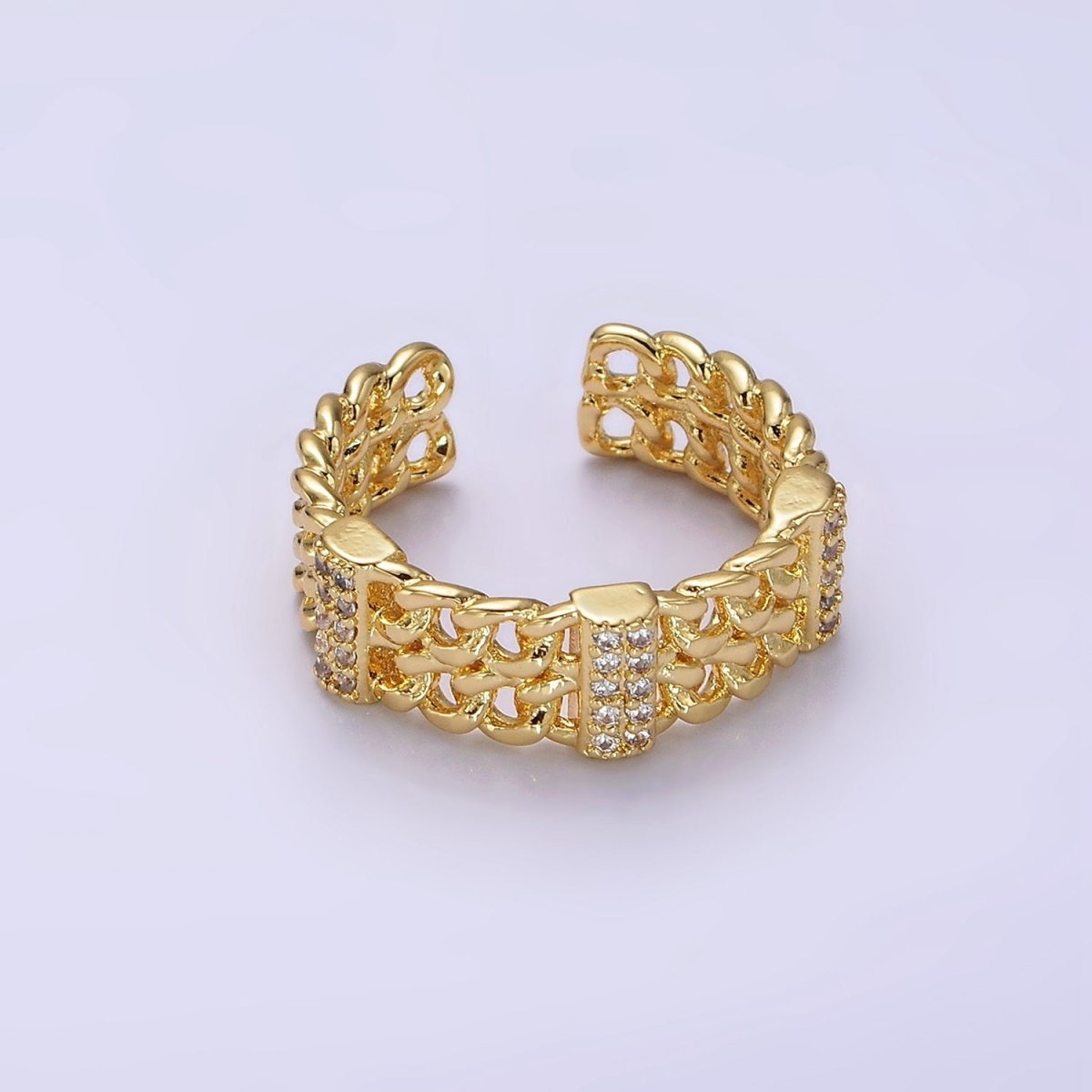 14K Gold Filled Double Curb Chain Link Micro Paved Bar Ring | O1051 - DLUXCA