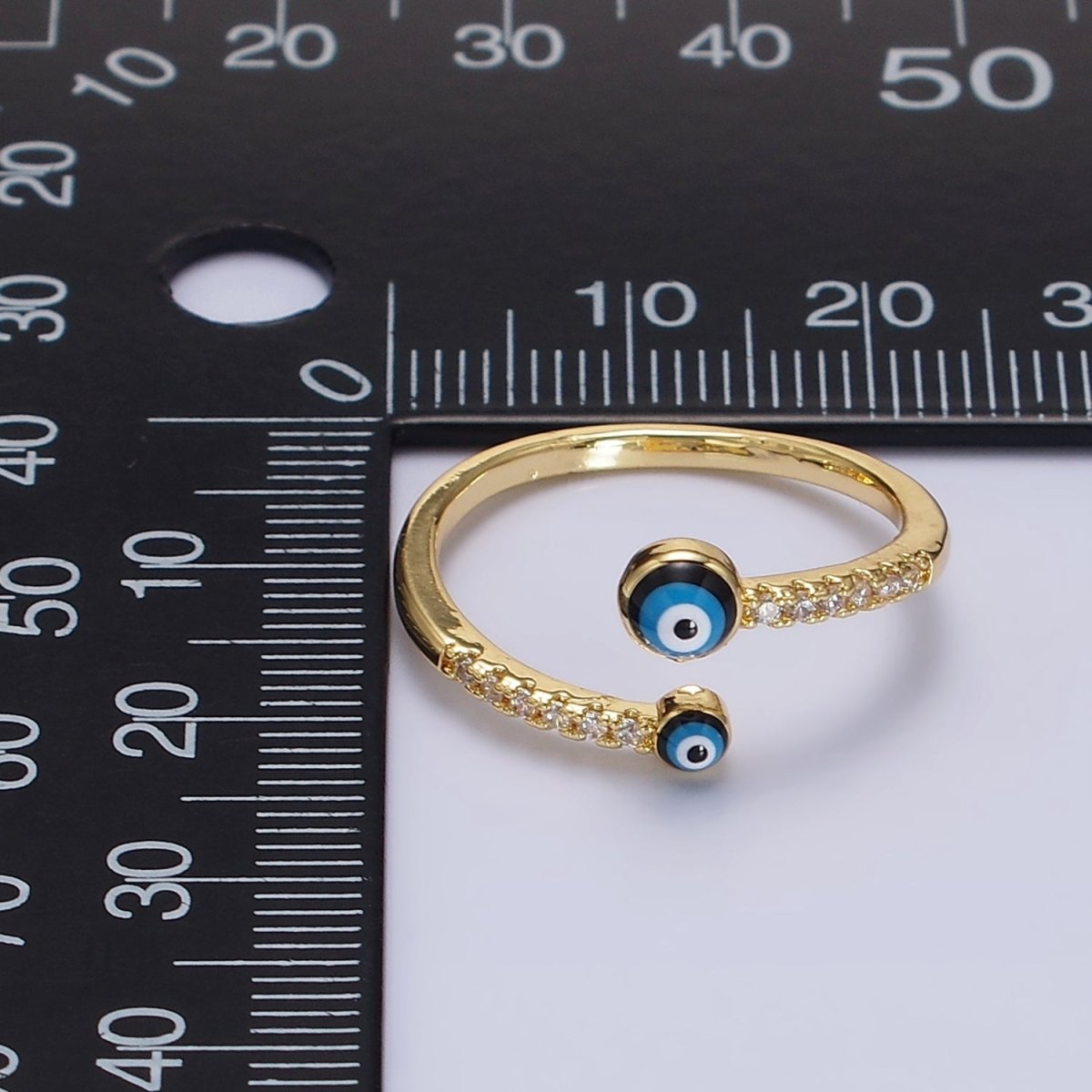 14K Gold Filled Double Evil Eye Enamel Clear Micro Paved CZ Open Ring | O-600 - DLUXCA