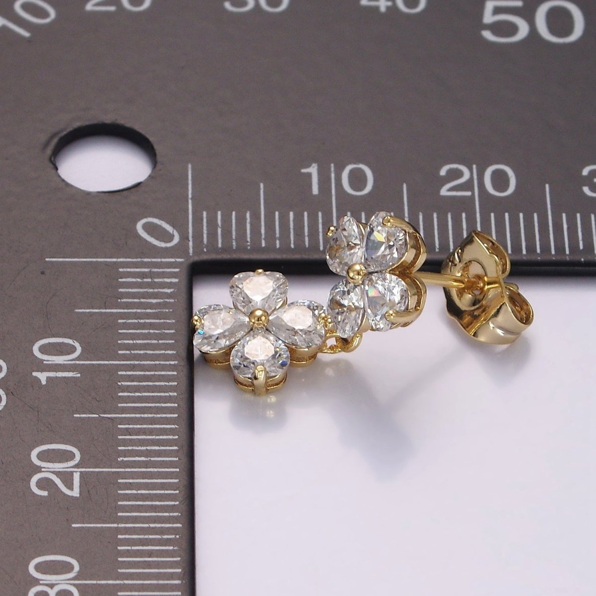 14K Gold Filled Double Flower Clear CZ Petal Drop Stud Earrings | AB1127 - DLUXCA