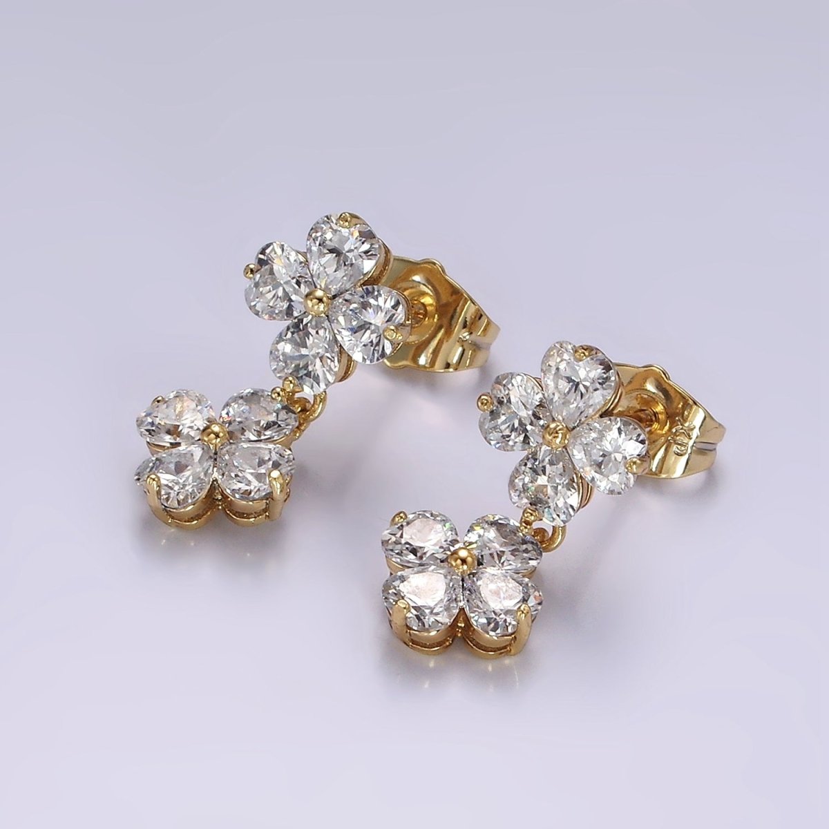 14K Gold Filled Double Flower Clear CZ Petal Drop Stud Earrings | AB1127 - DLUXCA