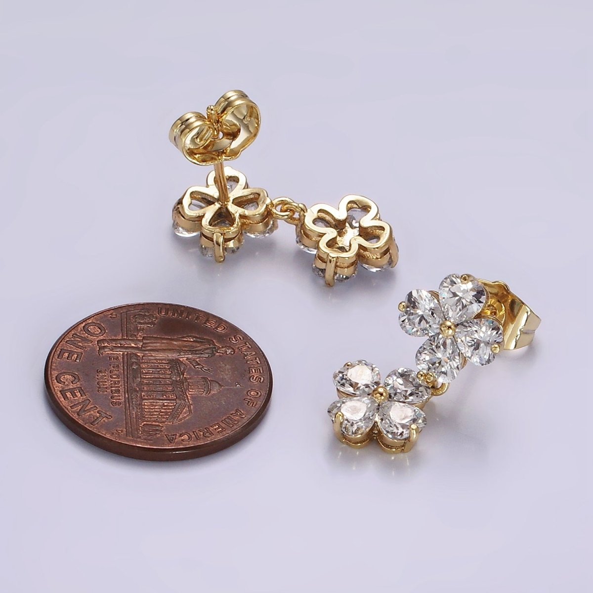 14K Gold Filled Double Flower Clear CZ Petal Drop Stud Earrings | AB1127 - DLUXCA