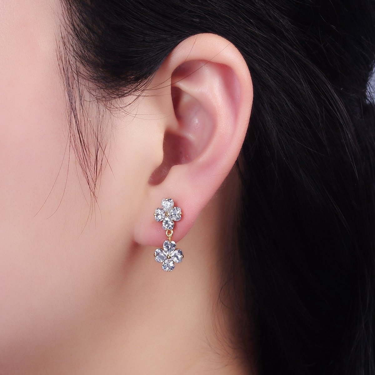 14K Gold Filled Double Flower Clear CZ Petal Drop Stud Earrings | AB1127 - DLUXCA