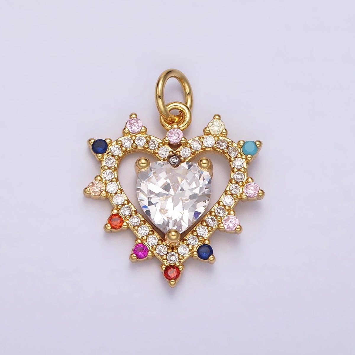14K Gold Filled Double Heart Micro Paved Multicolor CZ Dotted Outline Charm | AG523 - DLUXCA