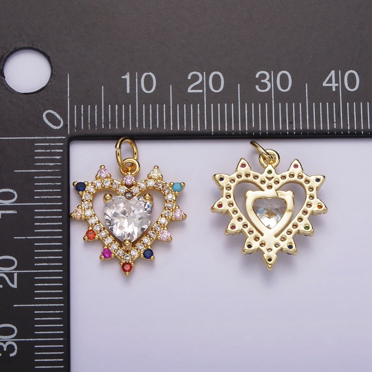 14K Gold Filled Double Heart Micro Paved Multicolor CZ Dotted Outline Charm | AG523 - DLUXCA