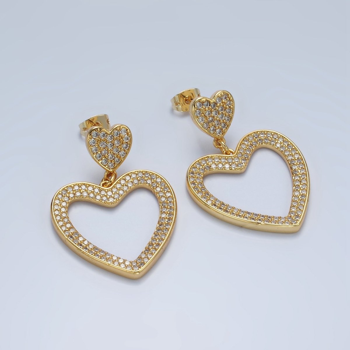 14K Gold Filled Double Heart Open Micro Paved CZ Drop Stud Earrings | AE422 - DLUXCA