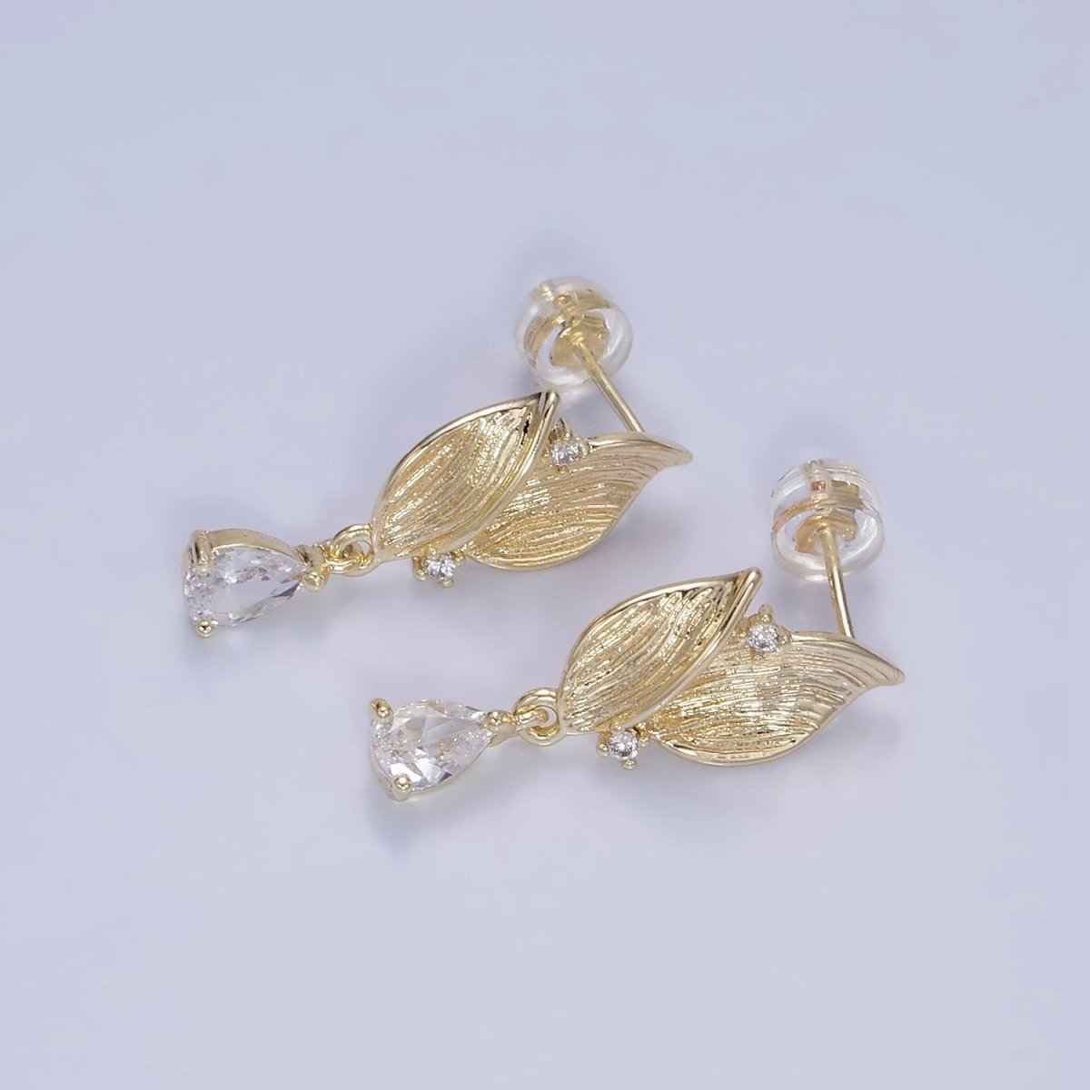 14K Gold Filled Double Leaf CZ Teardrop Drop Stud Earrings | AE513 - DLUXCA