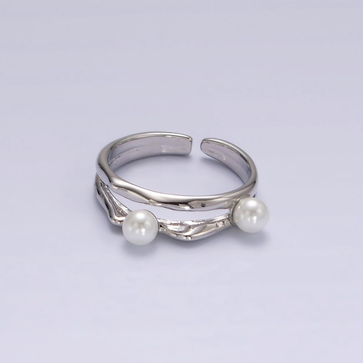 14K Gold Filled Double Pearl Hammered Double Band Ring in Silver & Gold | O1180 - DLUXCA